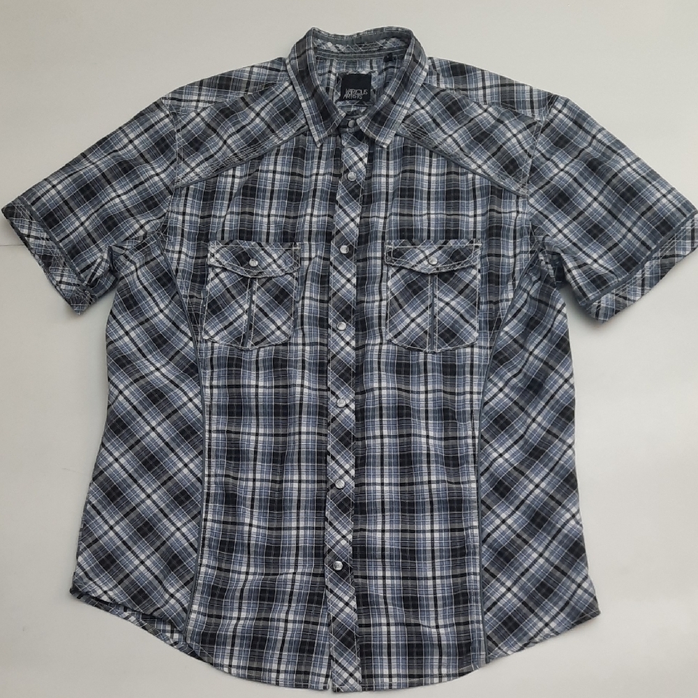 Various Artists Black, Blue and White Plaid Casual Short Sleeve Shirt - Size L